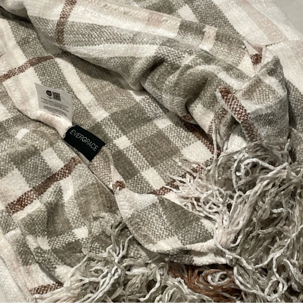 Cream and Beige Plaid Chenille Throw Blanket